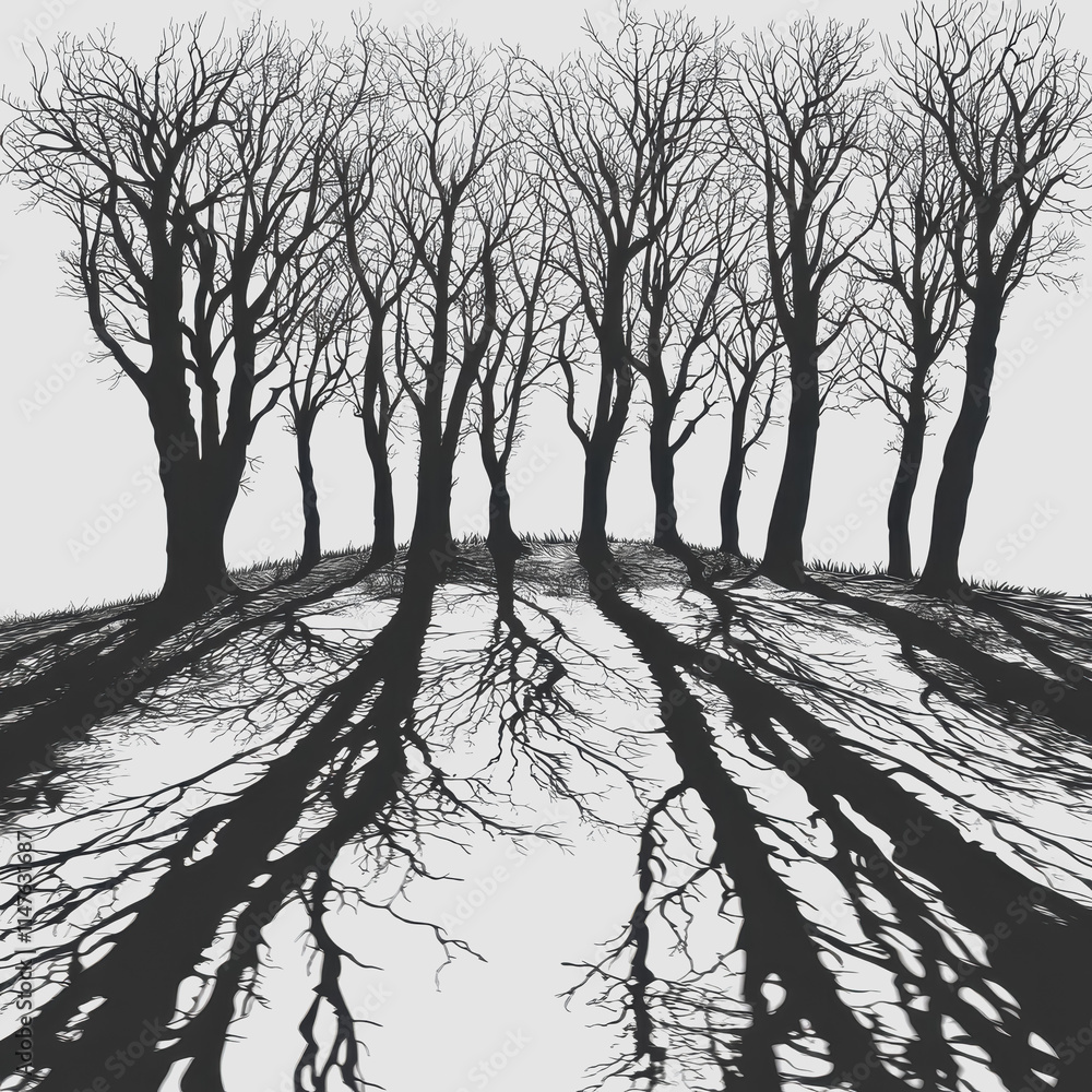 Poster black and white forest shadows capturing depth and contrast of trees and their intriguing shapes in 