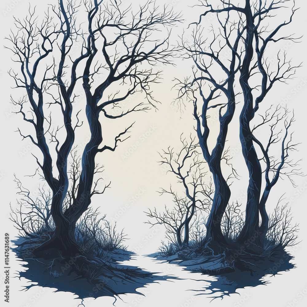 Poster stunning forest shadows three leafless trees in dramatic lighting creating a mysterious and atmosphe
