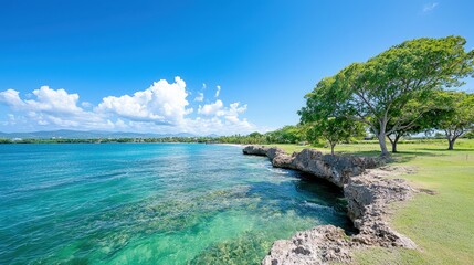 Scenic coastal view with turquoise water, rocky shore, lush green trees under a bright blue sky.