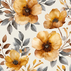 Floral Pattern Tile Tumbler Sublimation Botanical pattern with gold flower watercolor style, Tile Warm Tones, Pink & White Flowers Tile Background