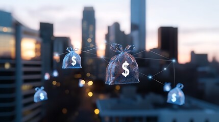 Digital Currency Symbols Representing Wealth and Financial Growth in a Cityscape