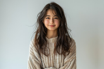 Obraz premium Portraits of Asian women in simple casual attire, standing against plain white background, wear minimal makeup display natural expressions, emphasizing modern, everyday style.