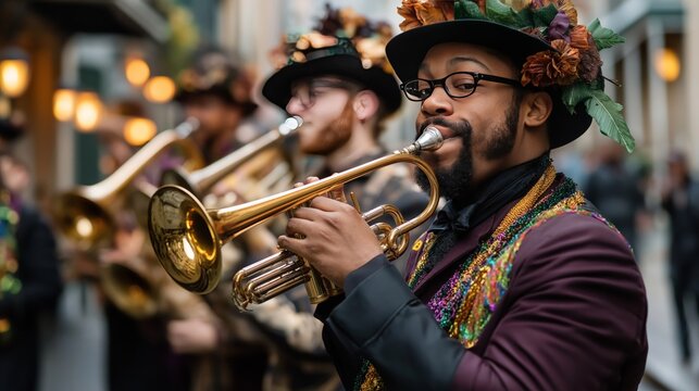 A jazz musician playing a trumpet in a lively French Quarter street scene during Mardi Gras, wearing festive attire with colorful beads and floral hat decorations