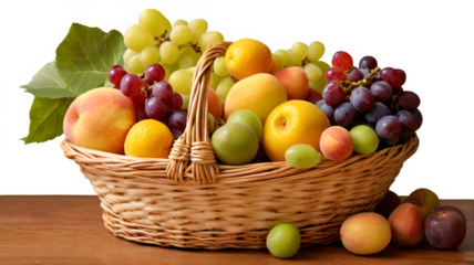 png grapes, apples, and peach fruits basket on a table isolated on a transparent background