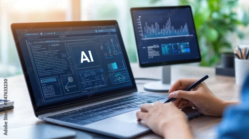 Poster ai development: a modern workplace scene showing data analysis and software engineering