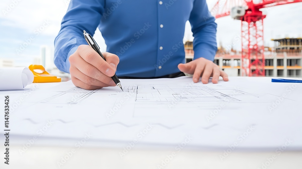 Poster designing the future with construction plans and a focus on building projects
