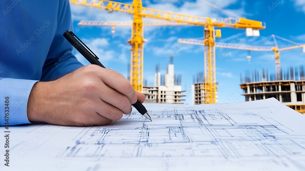 Poster designing the future with construction plans and a focus on building projects