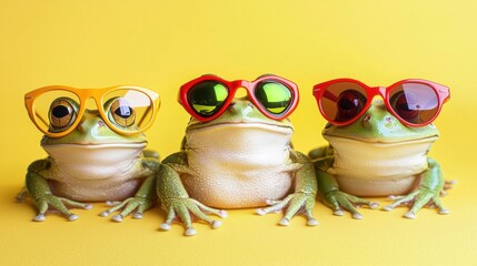 Three Colorful Frogs with Sunglasses Against Bright Yellow Background