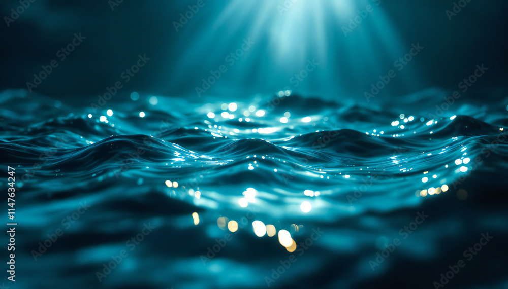 Wall mural glimmering waves of a deep blue ocean with shimmering light rays breaking through the surface.