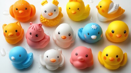 Colorful rubber duck toys arranged on white background.