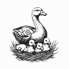 Mother Goose with Her Baby in the Nest Image Vector isolated on white background. 