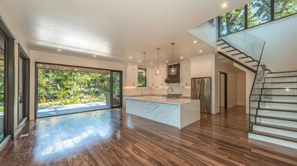 Obraz premium Modern open-plan home interior with kitchen, hardwood floors, and glass staircase.