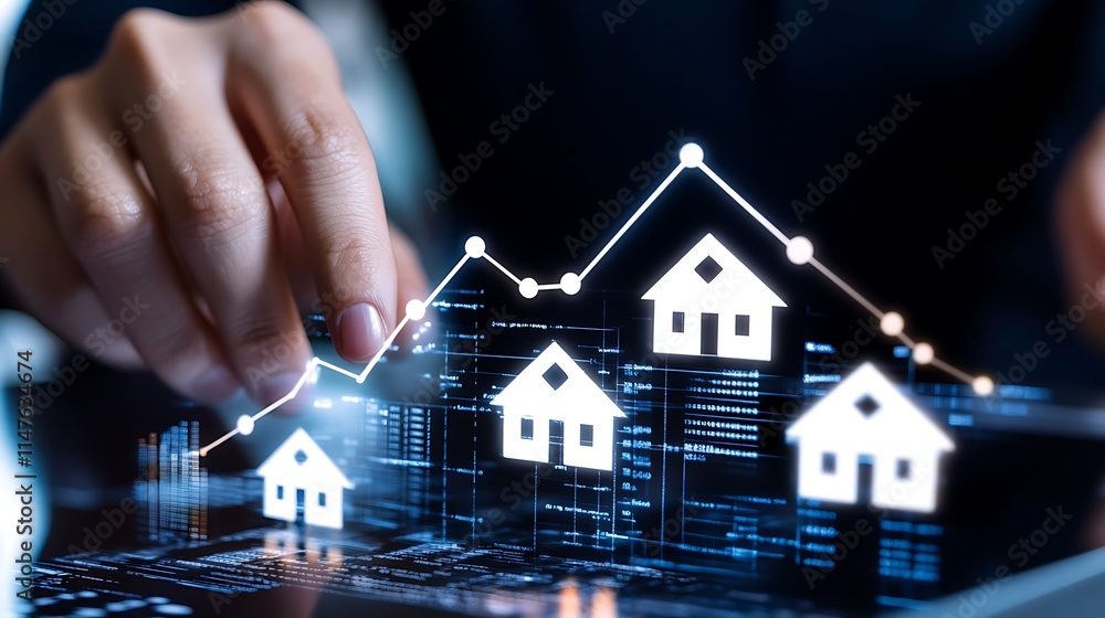 Poster exploring real estate opportunities with digital interface and data analytics