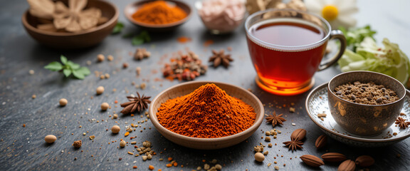 A table displaying Indian spices, tea, and international culinary elements, symbolizing cultural fusion.