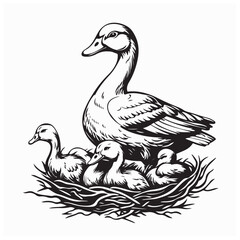 Mother Goose with Her Baby in the Nest Image Vector isolated on white background. 