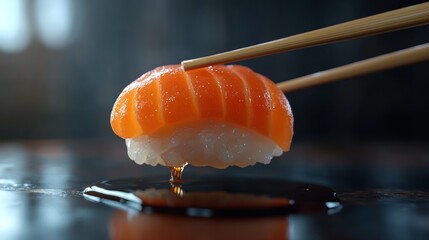 Salmon nigiri sushi lifted by chopsticks, soy sauce dripping.