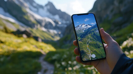 Hiking Navigation App on Smartphone in Alpine Scenery