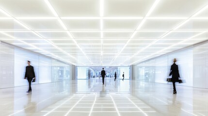 Fototapeta premium Modern bright hallway with blurred businesspeople walking.