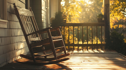 A weathered rocking chair sits on a porch bathed in warm autumn sunlight