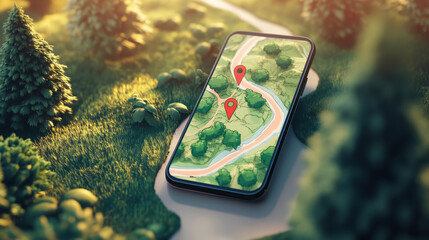 Smartphone displaying a nature trail map with location pins indicating points of interest