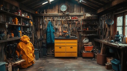 Fototapeta premium A rustic workshop filled with tools, equipment, and a vibrant yellow storage unit.