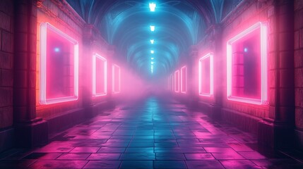 A glowing neon-lit hallway featuring vibrant pink and blue lights with misty smoke, creating a futuristic, modern backdrop perfect for graphic design.






