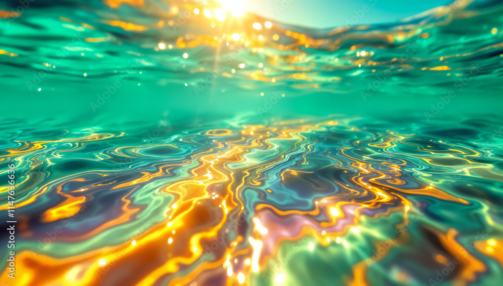 Wall mural vibrant underwater scene with shimmering sunlight reflecting on the surface of the water, creating a