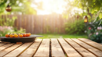 summer time in backyard garden with grill BBQ, wooden table, blurred background