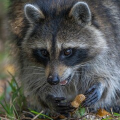 Raccoon holding a peanut close-up