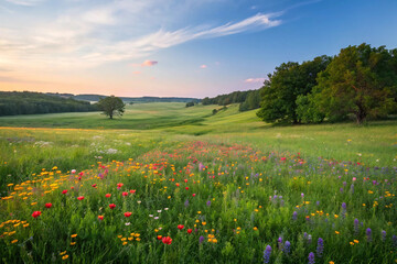 Fototapeta premium Bountiful Meadow: A Serene Landscape of Wildflowers and Greenery by Generative AI