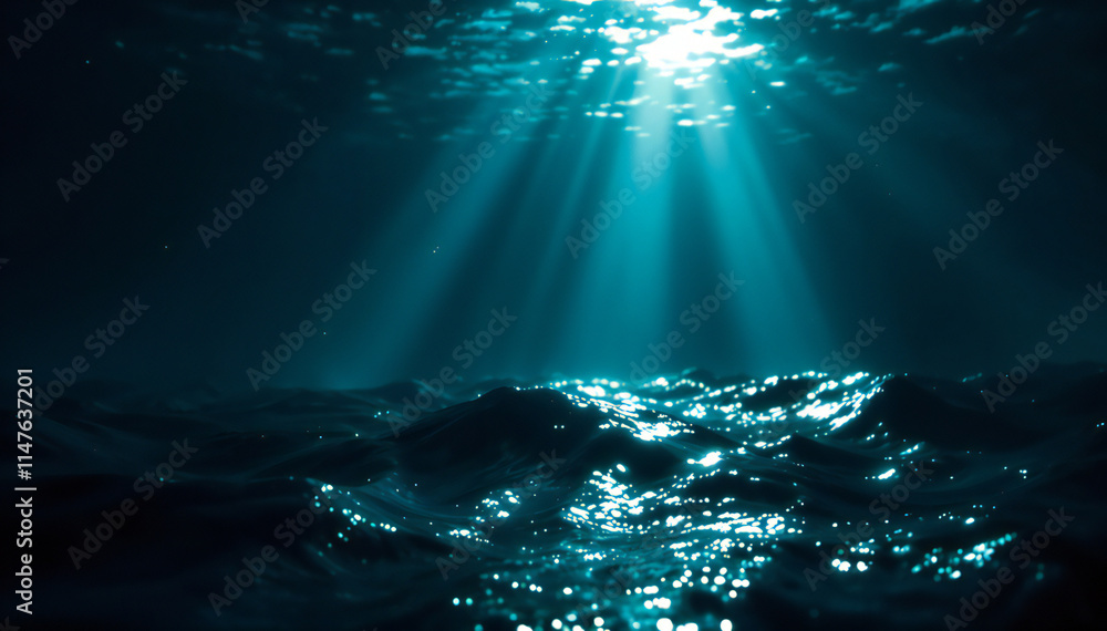 Wall mural underwater ocean scene with sunlight beams shining through the water, creating a serene and tranquil