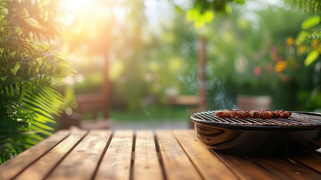 summer time in backyard garden with grill BBQ, wooden table, blurred background 