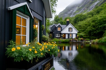 A charming Irish cottage with yellow flowers in a window box, reflecting in a peaceful lake, surrounded by lush greenery and misty hills in the background - Powered by Adobe