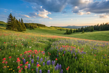 Obraz premium Bountiful Meadow: A Serene Landscape of Wildflowers and Greenery by Generative AI