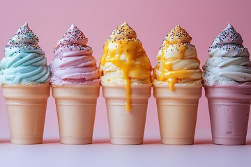 Ice cream with colorful sprinkles and dripping yellow sauce on top, ice creams in different colors standing together in line, isolated on a white background with banner copy space for text. 