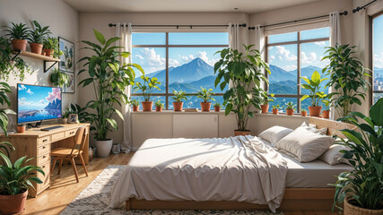 Serene Bedroom Interior with Lush Plants and Mountain View