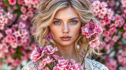 Fototapeta premium Elegant Woman Surrounded By Roses With Butterflies