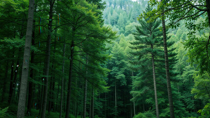 Fototapeta premium Lush Green Forest with Tall Trees in Vibrant Sunlight