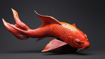 A vibrant cartoon-style sculpture of a koi fish, showcasing playful and whimsical design elements. The stylized fish features bright, bold colors and exaggerated details, 