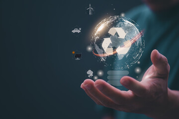 Ideas for reducing carbon emissions or using carbon credits for organizations. Businessman showing carbon credit and green business environmental conservation sustainable environmental development