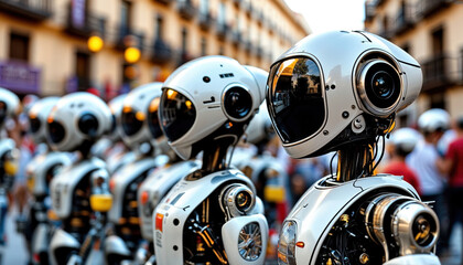 Fototapeta premium Futuristic Robots Interacting in a Vibrant Urban Setting