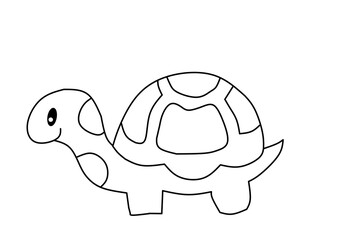 Cute black-and-white line art of a smiling turtle with a patterned shell. Simple and minimalist, perfect for coloring books, educational materials, kids' projects, and animal-themed designs.