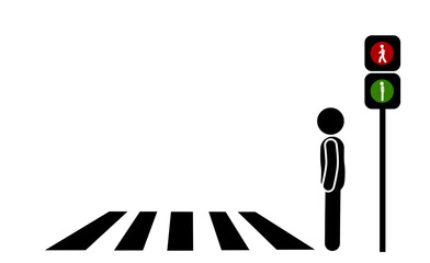  A stickman flat character illustration walking on a zebra crossing, with traffic lights showing walk or stop signals.