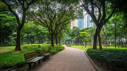 An urban park with a mix of tree species, benches, and walking paths, providing a lush environment where people can enjoy outdoor activities amidst the urban sprawl 