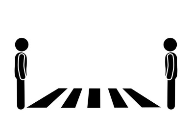  A stickman flat character illustration walking on a zebra crossing, with traffic lights showing walk or stop signals.