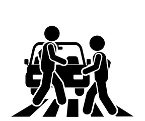  A stickman flat character illustration walking on a zebra crossing, with traffic lights showing walk or stop signals.