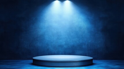 Illuminated Blue Circular Platform Against Dark Wall