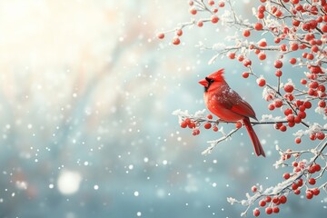 Red cardinal bird on a frosty tree branch with snow red berries in winter