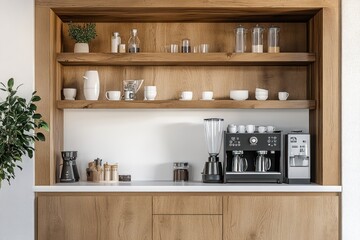 Modern kitchen coffee bar with wooden shelves, espresso machine, and coffee supplies.