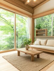 Fototapeta premium Serene Living Room Sanctuary: Embrace the tranquility of nature in this minimalist living room design. Bathed in natural light, the space features a cozy sofa, a low coffee table, and a bookshelf.